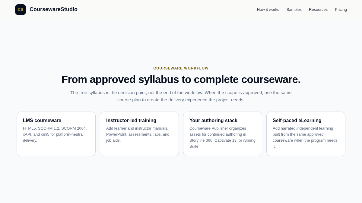 Courseware Studio workflow showing LMS courseware, instructor-led training, authoring-tool handoff, and Self-paced eLearning after syllabus approval.