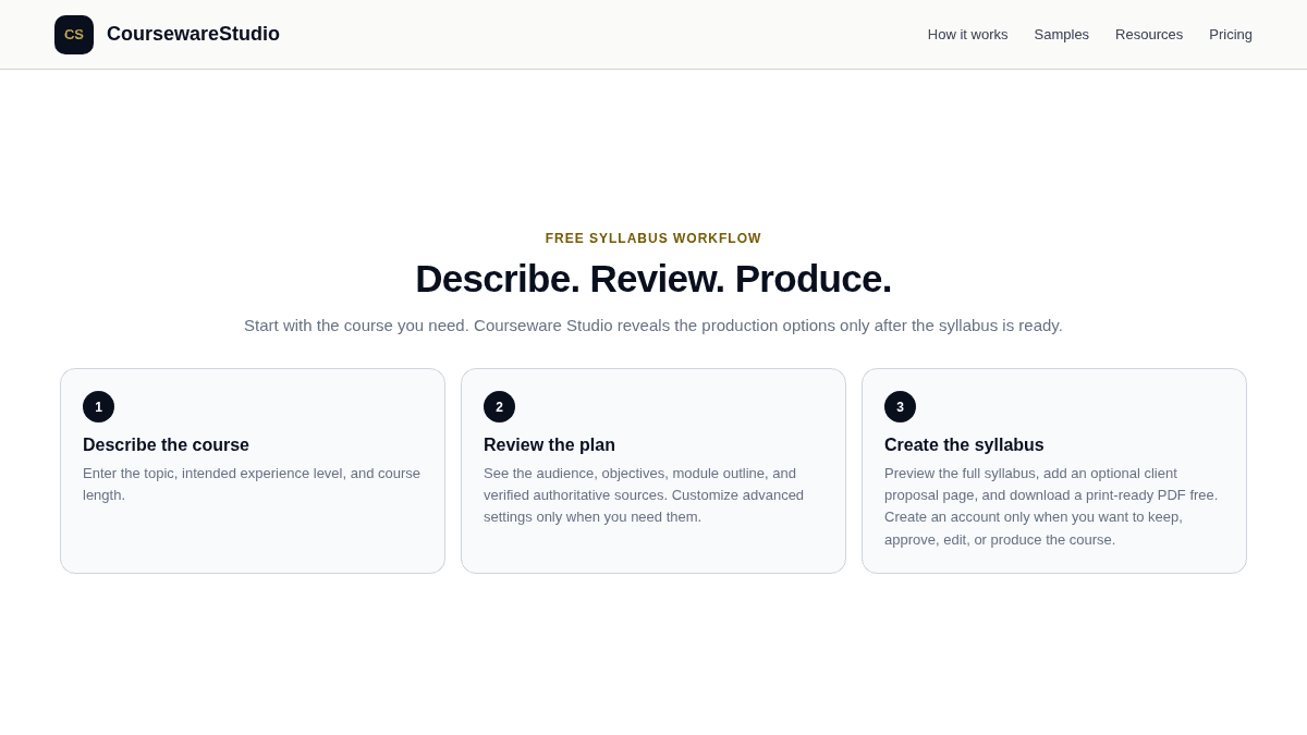 Courseware Studio Describe, Review, Produce workflow showing the progression from a course request to a reviewed syllabus and production decision.